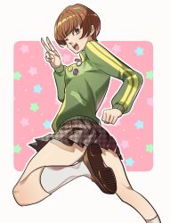  1girl breasts brown_eyes brown_hair brown_shoes clenched_hand commentary_request green_jacket highres jacket long_sleeves looking_at_viewer looking_back one_eye_closed open_mouth persona persona_4 satonaka_chie school_uniform shiny_skin shoes short_hair skirt socks solo thighs v white_socks yasogami_school_uniform yutima9 zipper_pull_tab 