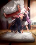  animal_ears barefoot bed black_hair blanket blazer bunny_ears computer highres houraisan_kaguya kurosukey long_hair motion_blur necktie neet nintendo nintendo_64 pajamas panties pants playstation product_placement purple_hair rabbit_ears reisen_udongein_inaba skirt touhou underwear 