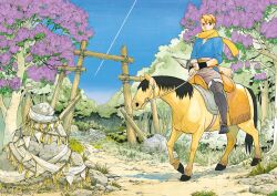 1boy absurdres animal arakawa_hiromu arrow_(projectile) asymmetrical_hair black_wrist_cuffs blonde_hair blue_kimono blue_sky boots bow_(weapon) brown_pants closed_mouth commentary_request full_body gate grey_boots highres horse horseback_riding japanese_clothes kimono long_sleeves looking_to_the_side nature official_art outdoors pants red_eyes riding riding_animal rock saddle scarf short_hair sky sleeves_rolled_up torii tree weapon wrist_cuffs yellow_scarf yomi_no_tsugai yuru_(yomi_no_tsugai) 