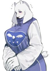  1girl 2026 2d animal_ears animal_nose anthro body_fur breasts delta_rune_(symbol) delta_rune_print digital_media droopy_ears eyelashes fangs female female_only floppy_ears flying_sweatdrops furry furry_female goat goat_ears goat_girl goat_horns goat_tail highres horns large_breasts long_sleeves mammal monster monster_girl own_hands_together print_robe purple_robe robe sa66513 simple_background skin_fangs solo tail tail_tuft toriel undertale upper_body utdr_(toby_fox) violet_eyes white_background white_fur white_horns white_sleeves 