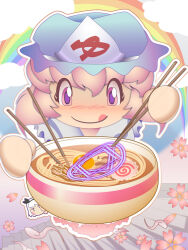  2girls :q blue_hat blush cherry_blossoms chopsticks closed_mouth commentary_request food hat holding holding_chopsticks kamaboko konpaku_youmu looking_at_food mob_cap multiple_girls narutomaki noodles octagram peeking_out pink_eyes pink_hair rainbow ramen saigyouji_yuyuko short_hair smile solo_focus tongue tongue_out touhou triangular_headpiece uriah-oyu white_hair 