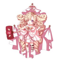  1girl blonde_hair blush curly_hair dress drill_hair hair_ornament heterochromia highres holding limy11810782730 long_hair magical_girl mahou_shoujo_ikusei_keikaku mahou_shoujo_ikusei_keikaku_aces open_mouth puk_puck star_(symbol) star_hair_ornament star_ornament toy_hammer twin_drills very_long_hair white_background 