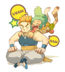  2boys barefoot blue_shirt blush cape claws closed_eyes closed_mouth english_commentary fangs final_fantasy final_fantasy_vi gau_(ff6) green_shorts grey_pants hands_on_own_thighs indian_style lowres male_focus multiple_boys open_mouth pants prema-ja sabin_rene_figaro shirt shorts sitting sleeveless sleeveless_shirt speech_bubble topless_male white_background yellow_cape 