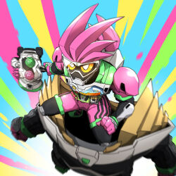  1boy absurdres armor black_bodysuit bodysuit highres holding holding_weapon kamen_rider kamen_rider_ex-aid kamen_rider_ex-aid_(maximum_gamer_level_99) kamen_rider_ex-aid_(series) male_focus naitsupic solo tokusatsu weapon yellow_eyes 