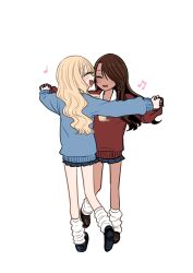  2girls beamed_eighth_notes black_skirt blonde_hair blue_sweater blush brown_hair closed_eyes commentary_request dancing dark-skinned_female dark_skin eighth_note gyaru_to_gyaru_no_yuri highres holding_hands inoue_koharu long_hair loose_socks multiple_girls musical_note open_mouth pleated_skirt red_sweater simple_background skirt smile socks sweater taooka_yua watase_reina white_background white_socks yuri 