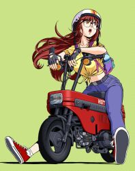  1girl :o backpack bag belt black_belt black_gloves blue_pants breasts commentary denim donna_bright english_commentary fingerless_gloves full_body gloves helmet honda honda_motocompo jeans jose_salot large_breasts long_hair looking_at_viewer midriff motor_vehicle motorcycle on_motorcycle open_mouth original outstretched_legs pants red_hair red_shoes shirt shoes sitting solo tied_shirt unfinished white_helmet yellow_eyes yellow_shirt 