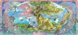  1girl 2boys absurdres bird cherry_blossoms chinese_clothes chinese_commentary commentary_request dress flower green_dress hanfu highres keru233 landscape long_hair lying mountain multiple_boys original ornate_frame outdoors plant scenery sitting tree water 