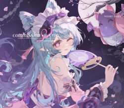  1girl blue_hair commentary dark_background detached_sleeves frilled_hairband frills genshin_impact hairband hand_fan highres holding japanese_clothes kimono lixiang_guo_alice long_hair long_sleeves looking_at_viewer maid nihongami obi_bow one_eye_closed pink_kimono pink_pupils pink_sleeves pointy_ears sash smile solo very_long_hair violet_eyes wa_maid white_sash yumekui-baku_(genshin_impact) yumemizuki_mizuki 