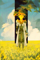 1boy absurdres armor arms_at_sides astruma2 black_boots black_choker black_gloves black_pants black_shirt blue_cape boots cape choker clouds coat commentary day english_commentary facing_viewer field fingerless_gloves flaming_head flower flower_field gloves high_collar highres honkai:_star_rail honkai_(series) long_sleeves male_focus outdoors pants pauldrons phainon_(honkai:_star_rail) shirt shoulder_armor single_glove single_pauldron single_vambrace solo standing straight-on thigh_strap two-sided_cape two-sided_fabric vambraces white_coat yellow_flower 
