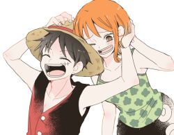  1boy 1girl atsumi_yoshioka bare_arms bare_shoulders black_hair blush brown_eyes camisole closed_eyes collarbone commentary_request green_camisole hand_on_another's_head hand_on_headwear happy hat heads_together monkey_d._luffy nami_(one_piece) one_eye_closed one_piece open_mouth orange_hair red_vest scar scar_on_cheek scar_on_face short_hair smile spaghetti_strap straw_hat upper_body vest 