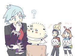  1girl 28_(eep228) 2boys ? bag beanie bike_shorts blush_stickers bow_hairband brendan_(pokemon) chiikawa chiikawa_(character) commentary_request crossover fanny_pack green_bag hachiware_(chiikawa) hairband hand_up hat highres holding jacket jewelry korean_commentary long_sleeves looking_down may_(pokemon) multiple_boys necktie open_clothes open_jacket pants pokemon pokemon_omega_ruby_and_alpha_sapphire red_hairband red_necktie ring shirt shorts steven_stone sweatdrop usagi_(chiikawa) vest white_background white_shorts 