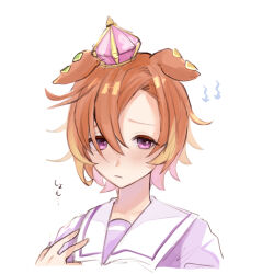  1girl animal_ears arrow_(symbol) blush closed_mouth crown frown frxe3828 hair_between_eyes horse_ears horse_girl looking_at_viewer mini_crown orange_hair pink_crown purple_shirt sailor_collar sailor_shirt school_uniform shirt short_hair simple_background solo t.m._opera_o_(umamusume) tracen_school_uniform umamusume upper_body violet_eyes white_sailor_collar 