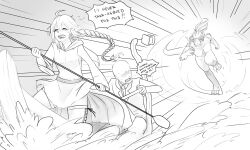  1boy 2girls 4chan animal_feet animal_hands animal_legs anonymous_(4chan) bags_under_eyes boat braid charon_(less) claws dragon_girl english_commentary faceless faceless_male fanfiction_available furry_extremities grimace highres horns less long_hair monster_girl monster_girl_general multiple_girls necktie open_mouth paddle panicking ponytail pun riverboat rowing running story_in_commentary suit tall_female tarrasque water watercraft 