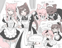  1girl 1other :p ;p akiyama_mizuki animal animal_ears animal_with_hair animalization apron black_dress brown_cat brown_eyes brown_hair cat cat_ears cat_girl cat_tail closed_eyes clothed_animal commentary_request dress enmaided glasses kaesmedubu korean_text looking_at_viewer maid maid_apron maid_headdress multiple_views one_eye_closed pink_cat project_sekai shinonome_ena short_dress short_hair speech_bubble tail tongue tongue_out white_apron 