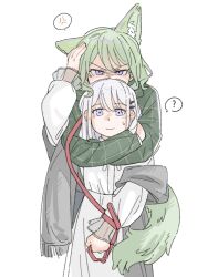  2girls ? anger_vein animal_ears bang_dream! bang_dream!_our_notes blush chinese_commentary closed_mouth collar commentary_request duck_duck green_hair hand_on_another's_head highres holding holding_leash hug hug_from_behind izawa_natsume kemonomimi_mode leash long_hair long_sleeves looking_at_viewer medium_hair multiple_girls red_collar red_leash shiomi_hotaru simple_background smile spoken_anger_vein spoken_question_mark sweatdrop tail violet_eyes white_background white_hair wolf_ears wolf_tail 