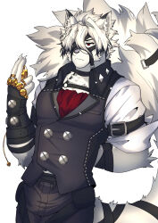  1boy absurdres animal_ears arm_behind_back ascot bicep_strap chinese_commentary claws closed_mouth colored_tips commentary_request eyepatch fingerless_gloves furry furry_male gloves grey_gloves grey_pants grey_vest highres holding holding_pocket_watch male_focus multicolored_hair one_eye_covered pants pocket_watch red_ascot tail tail_belt vest von_lycaon watch weng-yu_2010 white_background wolf_boy wolf_ears wolf_tail zenless_zone_zero 