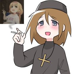  1girl :d alexei_karamazov black_robe brown_hair character_request collared_robe colored_sclera copyright_request cross cross_necklace derivative_work drugged genderswap genderswap_(mtf) highres holding_joint jewelry koukoulion long_hair long_sleeves monk necklace open_mouth orthodox_monk red_sclera robe screenshot_redraw simple_background smile smoking the_brothers_karamazov upper_body white_background yukkuridene 