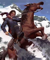  1boy animal black_boots black_hair blue_pants blue_shirt blue_sky boots brown_horse clenched_teeth commentary gun handgun highres holding holding_gun holding_reins holding_weapon horse horseback_riding john_marston long_sleeves male_focus medium_hair mountain open_mouth outdoors pants red_dead_redemption_(series) red_dead_redemption_2 reins revolver riding saddle scarf sgkg108 sharp_teeth shirt sky snow solo teeth weapon wolf 