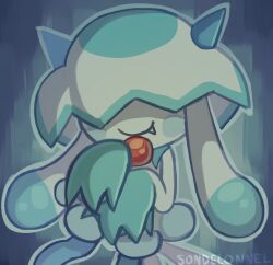  ambiguous_gender blue_background blue_skin colored_skin commentary covered_eyes dress facing_viewer fang fish hair_over_eyes horns jellyfish orb pal_(creature) palworld smile solo solo_focus sondelonnel tooth white_skin 