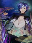  blue_eyes blue_hair highres kaito male nishi_(ainshaie) nishi_(pixiv791743) petals scarf solo vocaloid water 