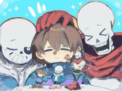 >o< 1other 2026 2boys 2d ambiguous_gender aqua_background armor black_shorts blue_jacket blue_shorts blue_sweater boots brothers brown_boots brown_hair cape child closed_eyes commentary digital_media double_horizontal_stripe drawstring food frisk_(undertale) gloves grey_hood hand_on_another's_head hands_in_pockets height_difference highres hip_bones holding holding_food holding_plate hollow_eyes hood hood_down hooded_jacket horizontal-striped_clothes human humanoid jacket long_sleeves male monster monster_boy multiple_boys one_eye_closed open_clothes open_jacket open_mouth outstreched_arms papyrus_(undertale) pasta pink_slippers pink_stripes plate print_armor red_boots red_cape red_gloves red_scarf sa66513 sans_(undertale) scarf shirt short_hair shorts siblings simple_background single_vertical_stripe skeleton slippers socks spaghetti spine standing striped_clothes striped_shorts striped_sweater sweater teeth thai_commentary trio two-tone_sweater undead undertale utdr_(toby_fox) vertical-striped_clothes vertical-striped_shorts white_armor white_shirt white_socks white_stripes yellow_trim