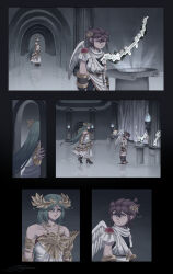  1boy 1girl absurdres ahoge angel angel_wings aurum_blade_(kid_icarus) aurum_bow_(kid_icarus) beam_claws_(kid_icarus) brown_hair chain circlet collarbone expressionless gold_chain green_eyes green_hair high_heels highres indoors jewelry kid_icarus kid_icarus_uprising laurel_crown long_hair looking_at_another lunarjaguar palutena pendant pillar pit_(kid_icarus) reflective_floor scarf standing very_long_hair violet_palm_(kid_icarus) white_scarf wings 