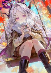  1girl absurdres ahoge alternate_costume ariko_(aaaaarik) autumn black_halo black_horns blue_archive coffee commentary cup demon_girl demon_horns demon_wings dress falling_leaves halo highres hina_(blue_archive) holding holding_cup horns jacket leaf long_hair looking_at_viewer low_wings multiple_horns parted_bangs plaid_clothes plaid_dress purple_halo purple_wings red_dress scarf sitting smile solo swing tree untranslatable_commentary violet_eyes white_hair wings 