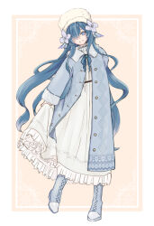  1girl alternate_costume arm_behind_back blue_bow blue_eyes blue_hair boots bow closed_mouth commentary_request dress fins flower full_body fur_trim genshin_impact hair_flower hair_ornament hair_over_one_eye hat head_fins highres holding_own_dress leaning_to_the_side liscia_ilst long_dress long_hair long_sleeves looking_at_viewer pale_skin smile very_long_hair vodyanitsa_(genshin_impact) white_dress white_flower 