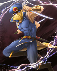 1boy ayasetaru belt black_belt blue_eyes blue_hat blue_pants blue_shirt boots bracer brown_boots cape commentary_request daikaijuu_monogatari dual_wielding full_body hat high_collar highres holding holding_knife impossible_clothes impossible_shirt kaijuu_monogatari_(series) killer_(daikaijuu_monogatari) knife looking_at_viewer male_focus mouth_veil muscular muscular_male pants sheath shirt skin_tight sleeveless sleeveless_shirt solo unsheathed veil waist_cape wing_hat_ornament yellow_cape yellow_veil 