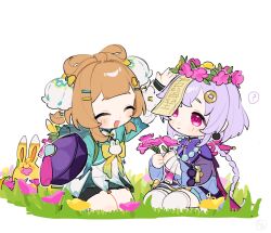  2girls ? arm_up blunt_bangs blush bow-shaped_hair braid brown_hair closed_eyes closed_mouth commentary_request creature dress flower full_body genshin_impact grass hair_ornament hat head_wreath highres holding holding_flower holding_unworn_clothes holding_unworn_hat long_hair long_sleeves looking_at_another multiple_girls ofuda oooma_155 open_mouth pale_skin pink_eyes pink_flower purple_hair qiqi_(genshin_impact) short_hair sitting smile thigh-highs unworn_hat unworn_headwear white_background white_thighhighs yaoyao_(genshin_impact) yaoyao_(rainlit_bamboo_reverie)_(genshin_impact) yuegui_(genshin_impact) 
