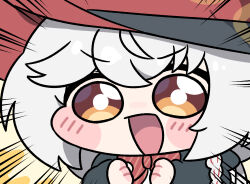  1girl :d beleullin blue_archive blush_stickers bow bowtie braid chibi chibi_only commentary_request diagonal-striped_bow diagonal-striped_bowtie diagonal-striped_clothes emphasis_lines eri_(blue_archive) excited grey_hair hat highres korean_commentary portrait red_bow red_bowtie side_braid smile solo striped_bow striped_bowtie striped_clothes wide-eyed witch_hat yellow_eyes 