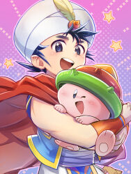  1boy ayasetaru black_eyes black_hair blue_vest cape commentary_request creature daikaijuu_monogatari feathers fire_shell_hero_(daikaijuu_monogatari) halftone halftone_background hat_feather highres holding holding_creature kaijuu_monogatari_(series) kupikupi looking_at_viewer male_focus one_eye_closed open_clothes open_mouth open_vest pants pouch purple_background red_cape seashell shell short_hair smile standing star_(symbol) teeth turban upper_body upper_teeth_only vest white_pants white_turban wristband yellow_feathers 