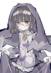  1girl black_hair blunt_bangs butterfly_ornament closed_mouth commentary_request dress glasses grey_eyes hair_ornament highres holding_own_dress limy11810782730 magical_girl mahou_shoujo_ikusei_keikaku mahou_shoujo_ikusei_keikaku_breakdown purple_veil rareko_(mahoiku) short_hair veil white_background 