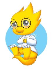  1girl 2017 2d alphys animal_nose anthro aqua_background barefoot border bottomless buck_teeth chibi chibi_only claws coat colored_skin digital_media dinosaur dinosaur_girl female female_only full_body glasses grey_eyes highres lab_coat lizard lizard_girl lizard_tail long_sleeves monster monster_girl muigee outline outside_border own_hands_together reptile reptile_girl reptile_tail round_border scalie signature solo tail teeth two-tone_background undertale utdr_(toby_fox) white_background white_border white_coat white_outline yellow_skin 