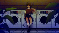  1other androgynous android black_hair black_shoes black_shorts brick_wall brown_sweater cruormor full_body horns mechanical_horns mechanical_tail one_eye_closed plant potted_plant qualia_automata second-party_source shoes shorts socks solo sweater tail tamari_(team6x111) team6x111 tile_floor tiles uneven_bangs v washing_machine white_socks yellow_eyes 
