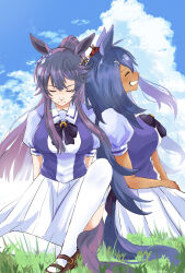  2girls absurdres animal_ears bandaid bandaid_on_face bandaid_on_nose black_hair blue_sky blush bow bowtie breasts brown_shoes closed_eyes closed_mouth clouds commentary_request dark-skinned_female dark_skin ear_scrunchie frxe3828 grass grin hair_between_eyes hair_ornament hairclip highres hishi_amazon_(umamusume) horse_ears horse_girl horse_tail large_breasts long_hair medium_breasts mouth_hold multiple_girls narita_brian_(umamusume) open_mouth outdoors pleated_skirt puffy_short_sleeves puffy_sleeves purple_bow purple_bowtie purple_shirt red_scrunchie rope sailor_collar sailor_shirt school_uniform scrunchie shimenawa shirt shoes short_sleeves sitting skirt sky smile stalk_in_mouth striped_clothes striped_scrunchie tail teeth thigh-highs tracen_school_uniform umamusume very_long_hair white_sailor_collar white_skirt white_thighhighs 