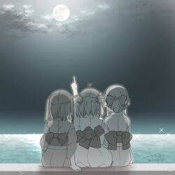  3girls arm_up bad_id bad_twitter_id blue_theme bow clouds commentary_request dated double_bun from_behind full_moon hair_bow hair_bun japanese_clothes jintsuu_(kancolle) kantai_collection koruri monochrome moon multiple_girls naka_(kancolle) night obi ocean outdoors pointing sash sendai_(kancolle) ship_class_reunion siblings signature sisters sitting sky sparkle two_side_up water 