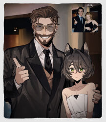  2boys animal_ear_fluff animal_ears beard black_jacket black_necktie blue_eyes border brown_hair closed_mouth collarbone collared_shirt connected_beard degrees_of_lewdity double-parted_bangs dress facial_hair fang finger_gun fox_boy fox_ears full_beard green_eyes grey-tinted_eyewear grin hair_between_eyes hair_slicked_back hand_on_another's_arm hand_up height_difference highres indoors jacket lapels light_frown long_sleeves looking_at_viewer male_focus mature_male ming_(5unri5e666) multiple_boys necktie one_eye_closed peaked_lapels photo-referenced player_character_(degrees_of_lewdity) player_character_(male)_(degrees_of_lewdity) pointing pointing_at_viewer quinn_(degrees_of_lewdity) quinn_(male)_(degrees_of_lewdity) raised_eyebrows shirt short_hair smile strapless strapless_dress tinted_eyewear trap upper_body v-neck very_short_hair white_border white_dress white_shirt 