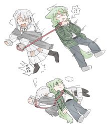  !? >_< ... 2girls animal_ears bang_dream! bang_dream!_our_notes chinese_commentary chinese_text collar commentary_request duck_duck giving_up_the_ghost green_hair highres holding holding_leash izawa_natsume kemonomimi_mode leash long_hair long_sleeves lying lying_on_person medium_hair multiple_girls on_back on_stomach open_mouth red_collar red_leash shiomi_hotaru simple_background spoken_ellipsis spoken_interrobang tail translation_request violet_eyes white_background white_hair wolf_ears wolf_tail 