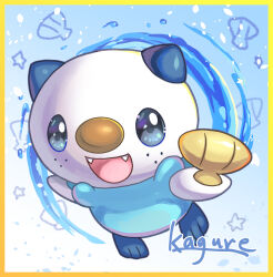  :d animal_focus blue_background blue_eyes blue_fur border commentary_request fangs full_body highres holding_seashell kagure_(karaguren) looking_at_viewer no_humans open_mouth oshawott pokemon pokemon_(creature) pokemon_focus seashell shell simple_background smile solo standing star_(symbol) white_fur yellow_border 