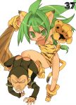  blade_(artist) blade_(lovewn) boomerang cat_ears chamcham gloves green_eyes green_hair highres monkey no_panties paku_paku paw_gloves queen's_gate samurai_spirits snk tail tiger_print 