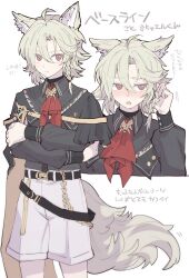  1boy animal_ear_fluff animal_ears arknights ascot bassline_(arknights) belt black_shirt blush braid character_name closed_mouth collared_shirt commentary_request crossed_arms gloves hair_between_eyes highres himawari_(kawaisounaedesu) long_sleeves male_focus multiple_views nose_blush open_mouth red_ascot red_eyes shirt shirt_tucked_in shorts side_braid simple_background tail translation_request white_background white_shorts wolf_boy wolf_ears wolf_tail 