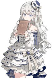  1girl absurdres artist_name bang_dream! bang_dream!_our_notes blue_eyes closed_mouth commentary cowboy_shot dot_nose dress frilled_dress frills hat heic-to-png_conversion highres holding holding_menu long_hair long_sleeves looking_at_viewer lossy-lossless menu migolu mini_hat shiomi_hotaru short_sleeves simple_background solo untranslatable_commentary watermark wavy_hair white_background white_dress white_hair 