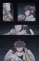  1boy 1girl absurdres ahoge angel angel_wings brown_hair highres kid_icarus kid_icarus_uprising laurel_crown lunarjaguar palutena pit_(kid_icarus) pov pov_hands reaching reaching_towards_another scarf trembling white_scarf wings 