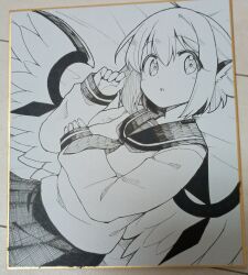  1girl absurdres alternate_costume animal_ears bird_ears bird_wings commentary_request greyscale hair_between_eyes highres long_sleeves missing_headwear moja_(moja4192) monochrome mystia_lorelei photo_(medium) sailor_collar shikishi shirt short_hair skirt solo touhou traditional_media wings 