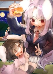  3girls :3 animal_ears arm_up bamboo bamboo_forest black_hair black_jacket blazer blush breasts burger closed_eyes collared_shirt commentary_request curtained_hair dot_nose dress eating fighting floppy_ears food forest french_fries full_moon grabbing_another's_arm hair_between_eyes hand_up highres holding holding_burger holding_food houraisan_kaguya inaba_tewi indoors jacket k4iwa_u lapels long_hair long_skirt long_sleeves looking_at_another lower_teeth_only medium_breasts moon multiple_girls nature necktie night open_mouth parted_bangs pink_dress pink_shirt pleated_skirt pointing pointing_at_another profile puffy_short_sleeves puffy_sleeves purple_hair rabbit_ears rabbit_girl red_eyes red_necktie red_skirt reisen_udongein_inaba shirt short_hair short_sleeves sidelocks skirt swimsuit teeth touhou v-shaped_eyebrows very_long_hair white_shirt white_skirt wide_sleeves 