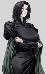  1girl arms_under_breasts black_dress black_eyes black_hair black_robe breasts commentary crossed_arms curtained_hair dress genderswap genderswap_(mtf) harry_potter_(series) highres kobun0 large_breasts looking_at_viewer mature_female parted_bangs robe severus_snape severus_snape_(redteneri) short_hair simple_background upper_body wizarding_world 