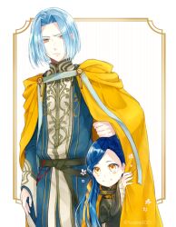  1boy 1girl black_dress black_sash blue_hair blue_tunic bob_cut braid cape clenched_hand closed_mouth commentary_request dress ferdinand_(honzuki_no_gekokujou) frilled_sleeves frills frown hand_on_another's_head hiding honzuki_no_gekokujou long_hair long_sleeves looking_at_another meehituzi myne_(honzuki_no_gekokujou) parted_bangs sash shared_cape shared_clothes short_hair smile squatting standing swept_bangs tunic twitter_username white_background yellow_cape yellow_eyes 