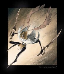  1other absurdres arthropod_limbs black_skin blank_eyes boopie character_name cloak colored_skin dual_wielding full_body highres holding holding_sword holding_weapon hollow_knight hollow_knight:_silksong reverse_grip robot second_sentinel_(hollow_knight) sword weapon white_cloak white_eyes 