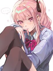  ... 1other akiyama_mizuki between_legs black_ribbon black_thighhighs blush bow bowtie cardigan collared_shirt commentary_request diagonal-striped_bow diagonal-striped_bowtie diagonal-striped_clothes hair_ribbon hand_between_own_legs hand_up heart highres kamiyama_high_school_uniform_(project_sekai) knees_up long_hair long_sidelocks long_sleeves looking_at_viewer other_focus parted_lips pink_bow pink_bowtie pink_eyes pink_hair project_sekai purple_cardigan ribbon school_uniform shirt side_ponytail sidelocks simple_background sitting solo spoken_ellipsis striped_bow striped_bowtie striped_clothes thigh-highs u1_msd white_background white_shirt 